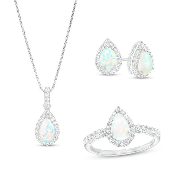 Pear-Shaped Lab-Created Opal and White Lab-Created Sapphire Frame Three Piece Set in Sterling Silver â Size 7