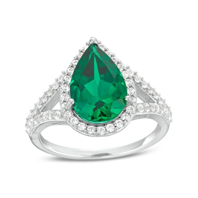 Pear-Shaped Lab-Created Emerald and White Lab-Created Sapphire Frame Split Shank Ring in Sterling Silver