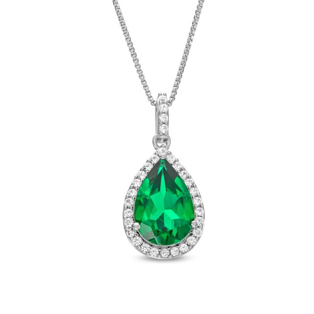 Pear-Shaped Lab-Created Emerald and White Lab-Created Sapphire Frame Pendent in Sterling Silver