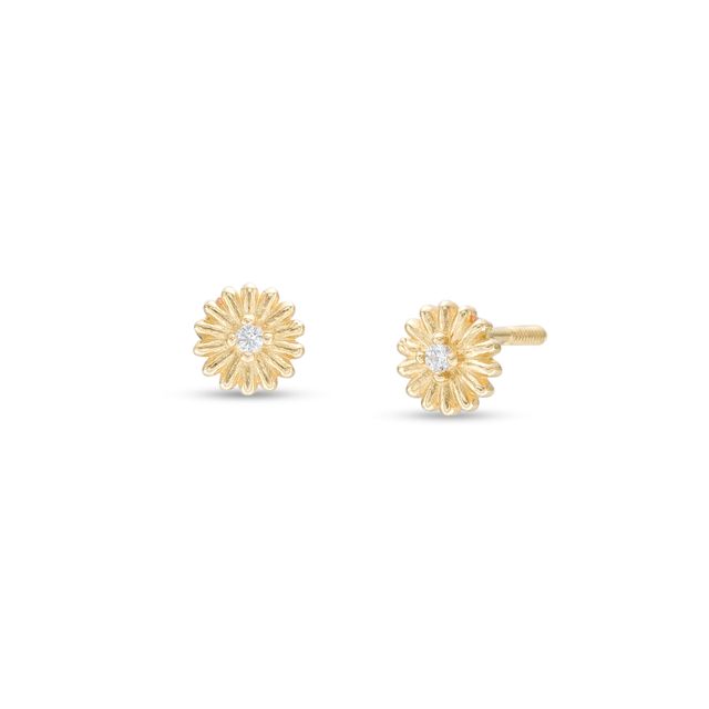 Child's Cubic Zirconia Solitaire Flower Stud Earrings in 14K Gold