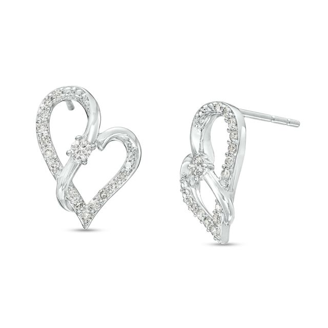 Two in Love 1/4 CT. T.w. Diamond Crossover Ribbon Loop Heart Stud Earrings in 10K White Gold