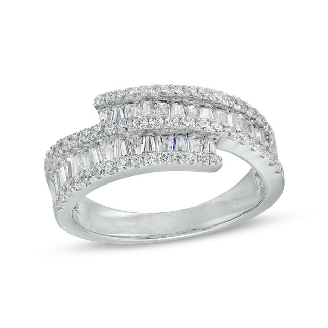 1 CT. T.w. Baguette and Round Diamond Triple Row Ribbon Bypass Ring in 10K White Gold