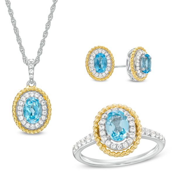 Oval Blue Topaz and White Lab-Created Sapphire Pendant, Earrings and Ring Set in Sterling Silver and 14K Gold Plate