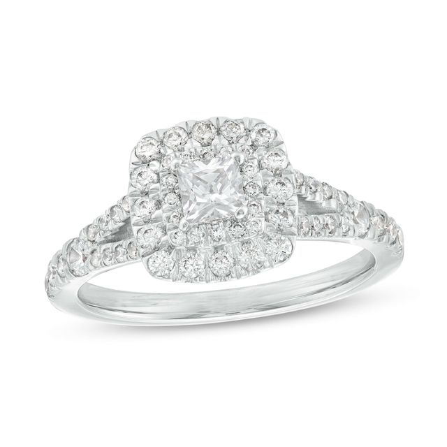 1 CT. T.w. Princess-Cut Diamond Double Cushion-Shaped Frame Split Shank Engagement Ring in 14K White Gold