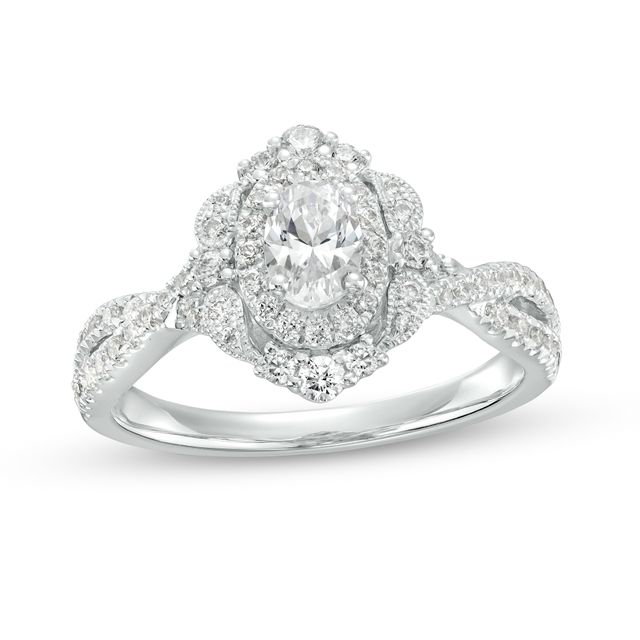 1 CT. T.w. Oval Diamond Double Frame Twist Shank Paisley Engagement Ring in 14K White Gold (I/I2)