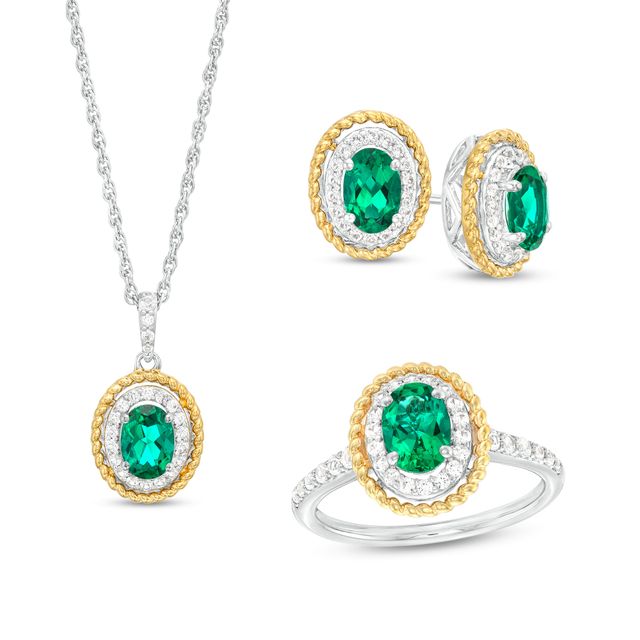 Oval Lab-Created Emerald Rope-Textured Frame Three Piece Set in Sterling Silver with 14K Gold Plate â Size 7