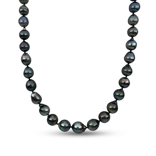 8.0-10.0mm Black Tahitian Cultured Pearl Strand Necklace with Ball Clasp in Sterling Silver