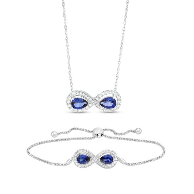 Pear-Shaped Blue and White Lab-Created Sapphire Infinity Loop Necklace and Bolo Bracelet Set in Sterling Silver