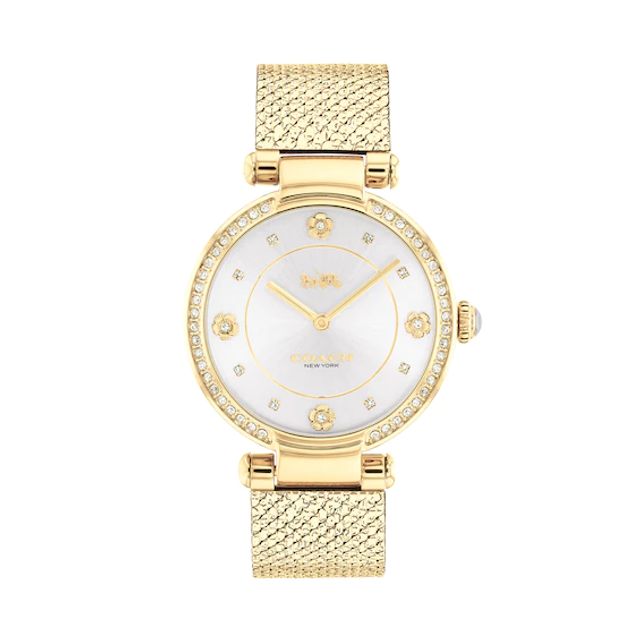 Ladies' Coach Cary Crystal Accent Gold-Tone IP Mesh Watch with Silver-Tone Dial (Model: 14503997)