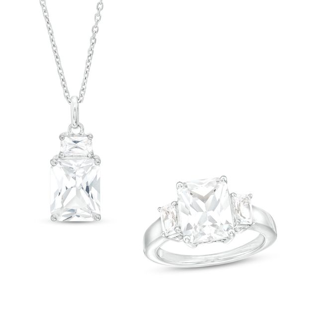 Emerald-Cut White Lab-Created Sapphire Pendant and Ring Set in Sterling Silver â Size 7