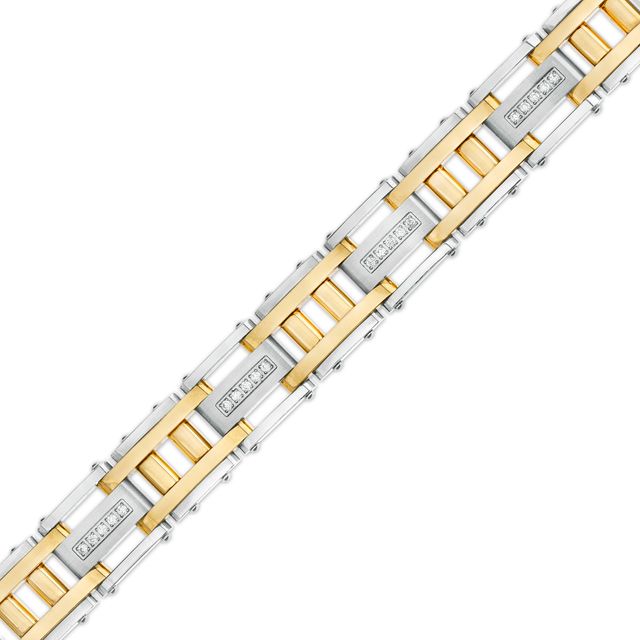 Men's 1/2 CT. T.w. Diamond Double Column Brushed Link Bracelet in Stainless Steel with Yellow Ion Plate â 8.62"