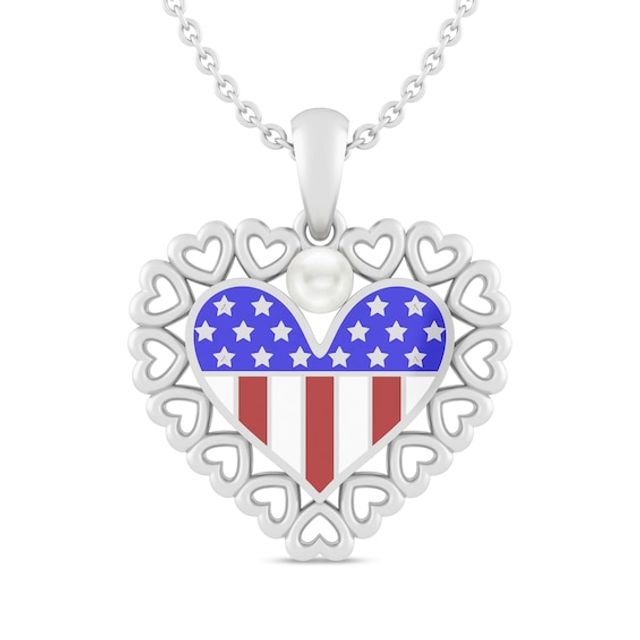 4.0mm Natural Freshwater Pearl USA Enamel Flag Heart Pendant in Sterling Silver