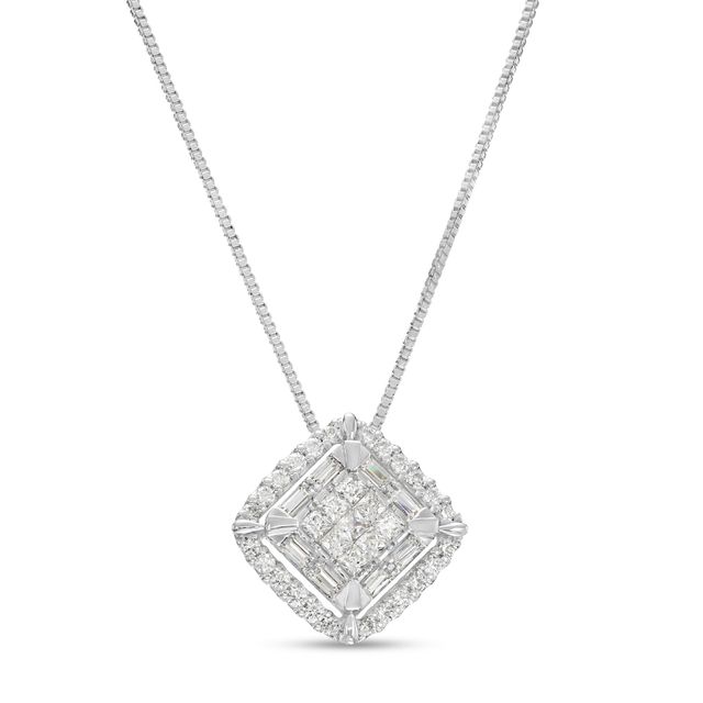 1/2 CT. T.w. Cushion-Shaped Multi-Diamond Double Frame Tilted Pendant in 10K White Gold
