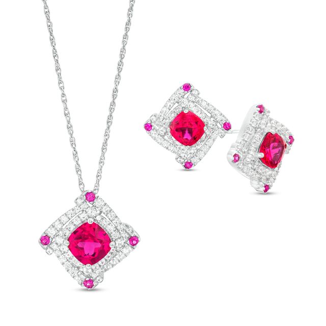 Cushion-Cut Lab-Created Ruby and White Lab-Created Sapphire Double Frame Spiral Two Piece Set in Sterling Silver
