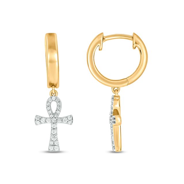 Men's 1/4 CT. T.w. Diamond Ankh Hoop Drop Earrings in Sterling Silver with 14K Gold Plate