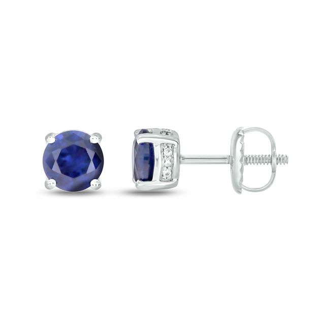 6.0mm Blue Lab-Created Sapphire and 1/20 CT. T.w. Diamond Side Accent Stud Earrings in Sterling Silver