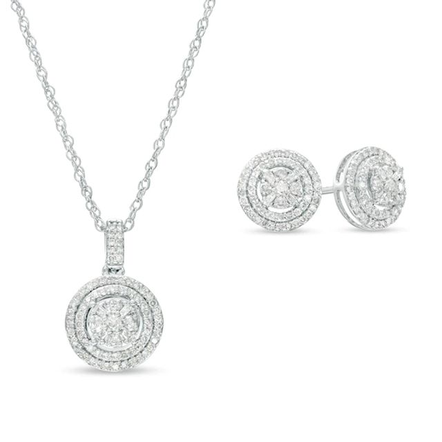 5/8 CT. T.w. Multi-Diamond Double Frame Pendant and Stud Earrings Set in 10K White Gold