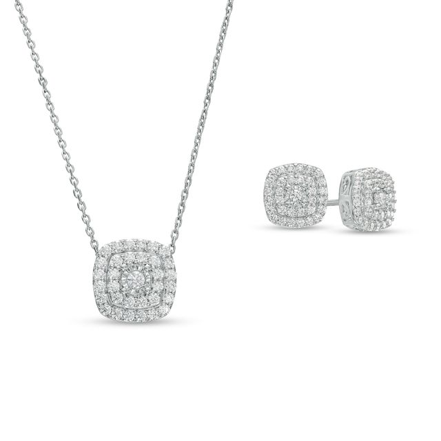 1 CT. T.w. Diamond Double Cushion-Shaped Frame Pendant and Stud Earrings Set in Sterling Silver - 17"
