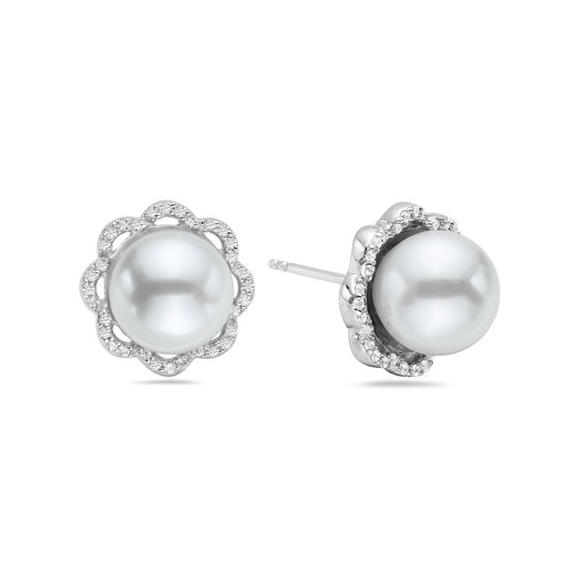 8.5mm Cultured Freshwater Pearl and 1/10 CT. T.w. Diamond Flower Frame Stud Earrings in 10K White Gold