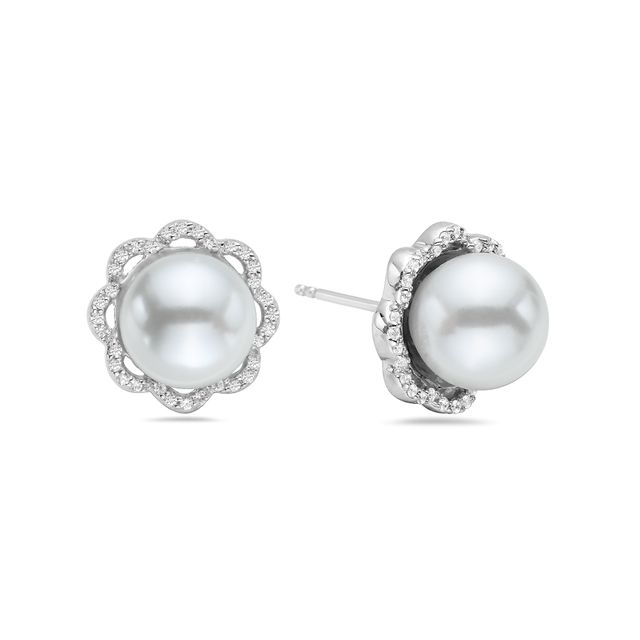 8.5mm Freshwater Cultured Pearl and 0.09 CT. T.w. Diamond Flower Frame Stud Earrings in 10K Gold