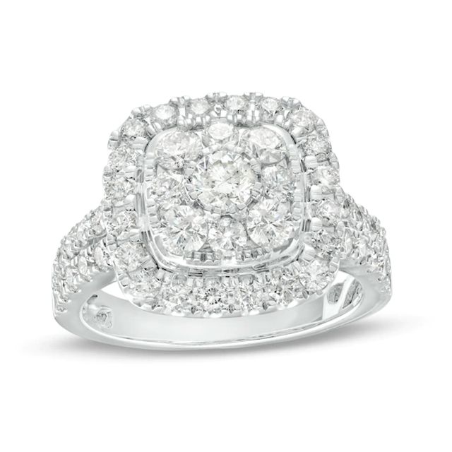 2 CT. T.w. Cushion-Shaped Multi-Diamond Double Frame Engagement Ring in 14K White Gold (I/I2)