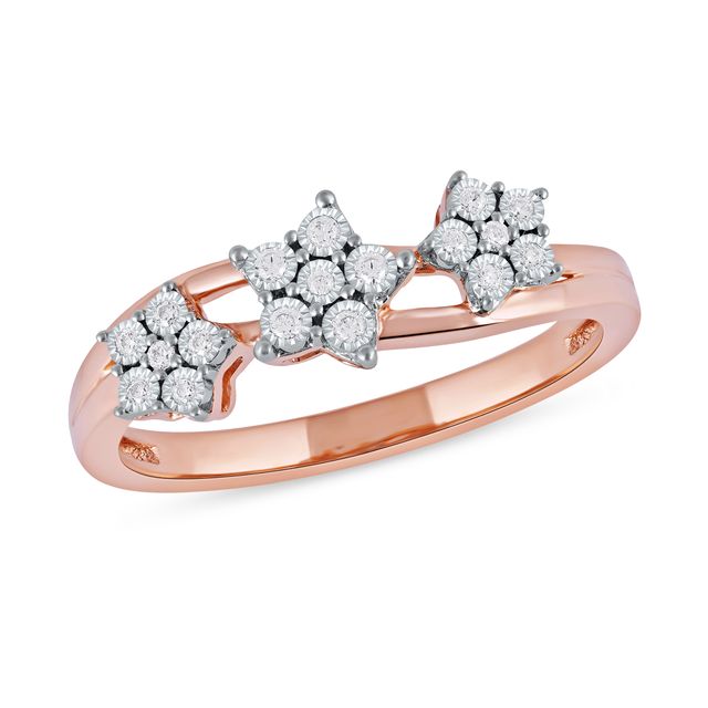 1/15 CT. T.w. Diamond Triple Flower Split Shank Ring in Sterling Silver with 14K Rose Gold Plate