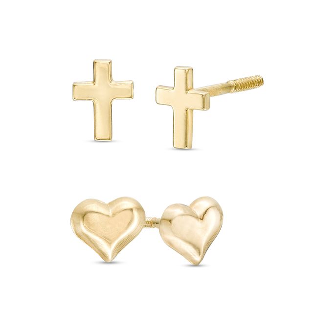 Child's Cross and Heart Stud Earrings Set in 14K Gold