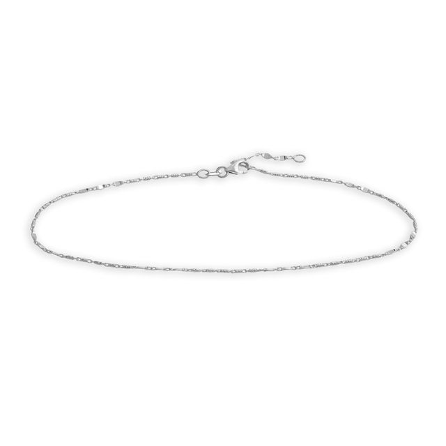 Diamond-Cut Flat Station Barrel Link Chain Anklet in Solid 14K White Gold - 10"