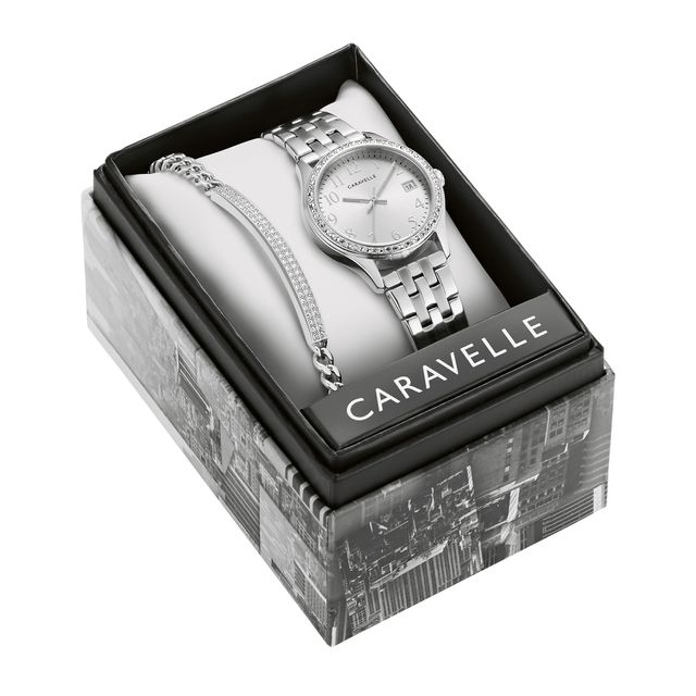 Ladies' Caravelle by Bulova Crystal Accent Watch with Silver-Tone Dial and Bracelet Box Set (Model: 43X104)