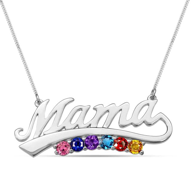 Mother's Gemstone Cursive "Mama" Necklace (1-6 Stones)
