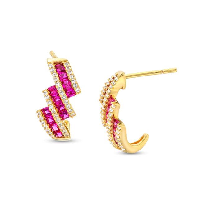 Princess-Cut Lab-Created Ruby and White Lab-Created Sapphire Drop Earrings in Sterling Silver with 14K Gold Plate