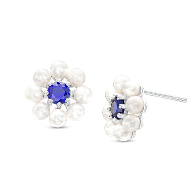 3.0mm Cultured Freshwater Pearl and Blue Lab-Created Sapphire Flower Stud Earrings in Sterling Silver