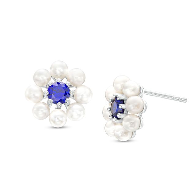 3.0mm Freshwater Cultured Pearl and Blue Lab-Created Sapphire Flower Stud Earrings in Sterling Silver