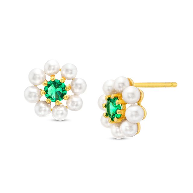 3.0mm Freshwater Cultured Pearl and Lab-Created Emerald Flower Stud Earrings in Sterling Silver with 14K Gold Plate