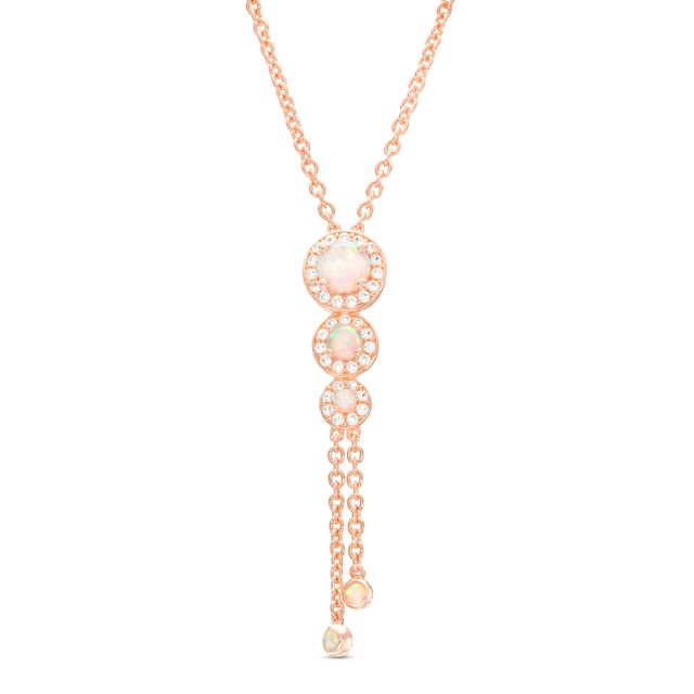 Lab-Created Opal and White Lab-Created Sapphire Frame Graduated Trio Pendant in Sterling Silver with 14K Rose Gold Plate