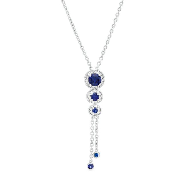 Blue and White Lab-Created Sapphire Frame Graduated Trio Pendant in Sterling Silver
