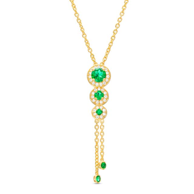 Lab-Created Emerald and White Lab-Created Sapphire Frame Graduated Trio Pendant in Sterling Silver with 14K Gold Plate