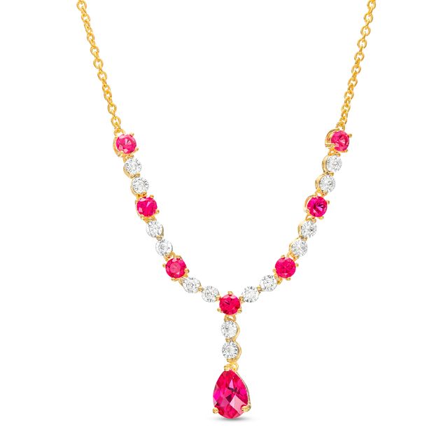 Pear-Shaped Lab-Created Ruby and White Lab-Created Sapphire Necklace in Sterling Silver with 14K Gold Plate â 17"