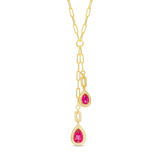 Pear-Shaped Lab-Created Ruby and White Lab-Created Sapphire Frame Necklace in Sterling Silver with 14K Gold Plate â 17"