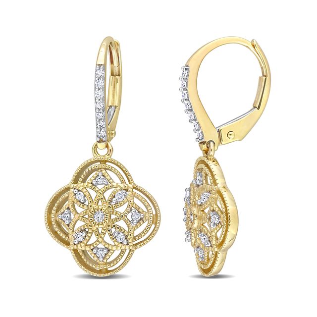 1/6 CT. T.w. Diamond Milgrain Flower Vintage-Style Drop Earrings in 10K Gold