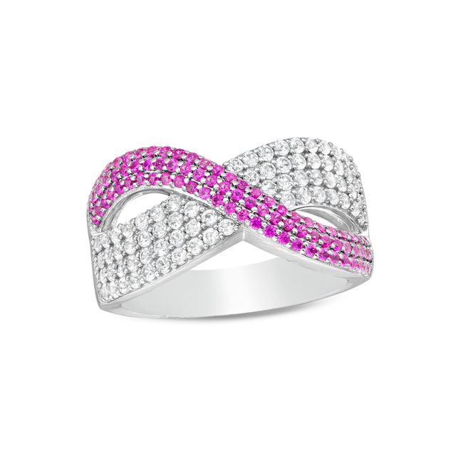 Lab-Created Pink and White Sapphire Crossover Twist Ribbon Ring in Sterling Silver