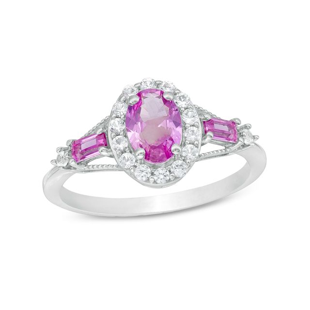 Oval and Baguette Pink and White Lab-Created Sapphire Frame Ring in Sterling Silver