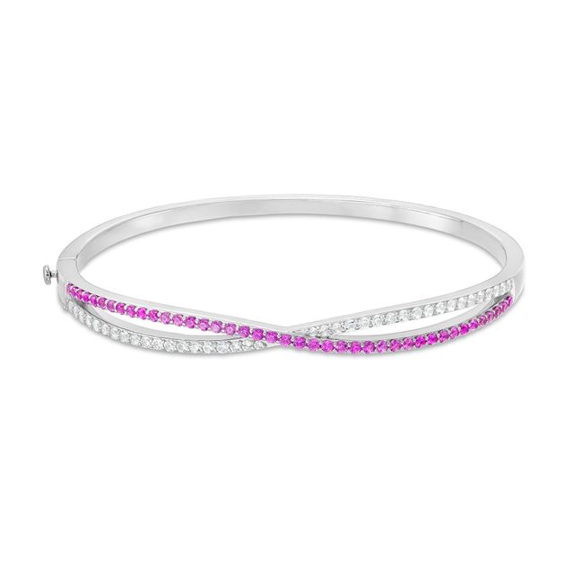 Pink and White Lab-Created Sapphire Twist Bangle in Sterling Silver - 7.25"