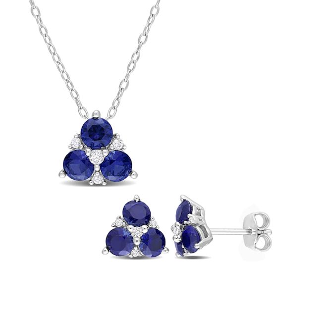 4.5mm Blue and White Lab-Created Sapphire Trio Pendant and Stud Earrings Set in Sterling Silver
