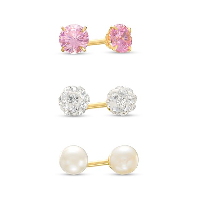 Child's 4.0mm Freshwater Cultured Pearl, Crystal and Pink Cubic Zirconia Stud Earrings Set in 14K Gold