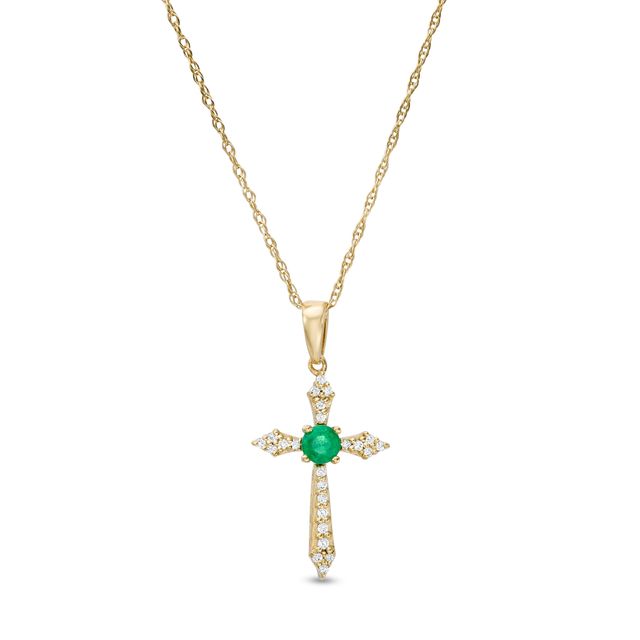 3.0mm Emerald and 1/15 CT. T.w. Diamond Cross Pendant in 10K Gold