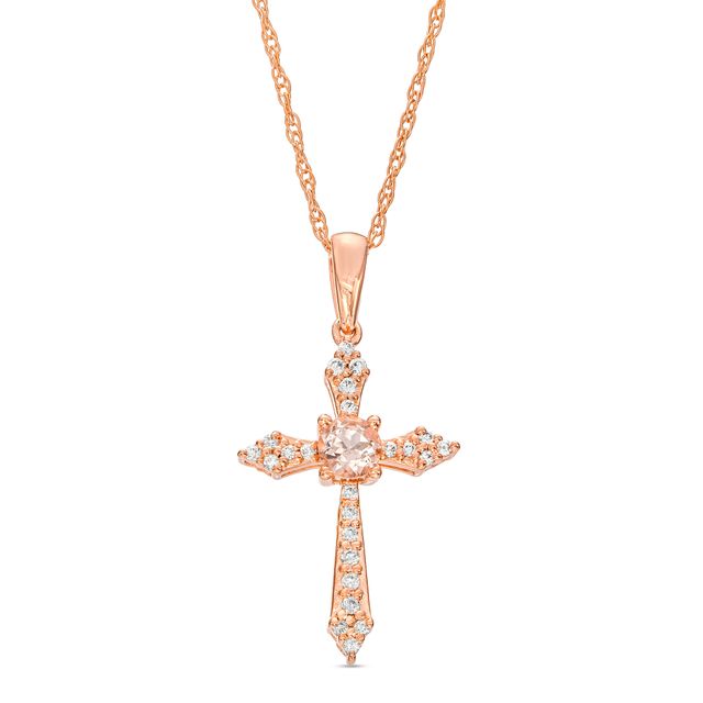 3.0mm Morganite and 1/15 CT. T.w. Diamond Pointed Cross Pendant in 10K Rose Gold