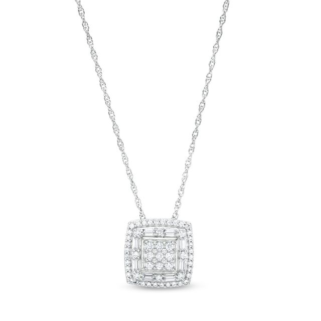 1/2 CT. T.w. Cushion-Shaped Multi-Diamond Double Frame Pendant in 10K White Gold