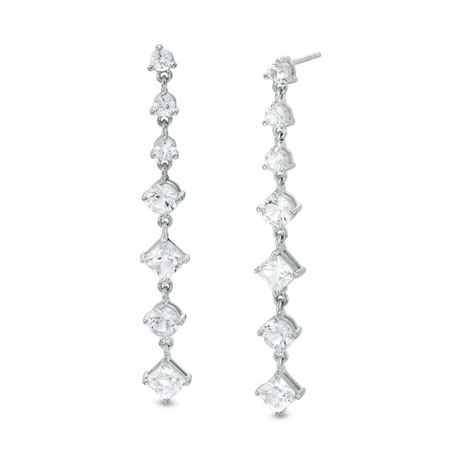 Princess-Cut and Round White Lab-Created Sapphire Alternating Drop Earrings in Sterling Silver