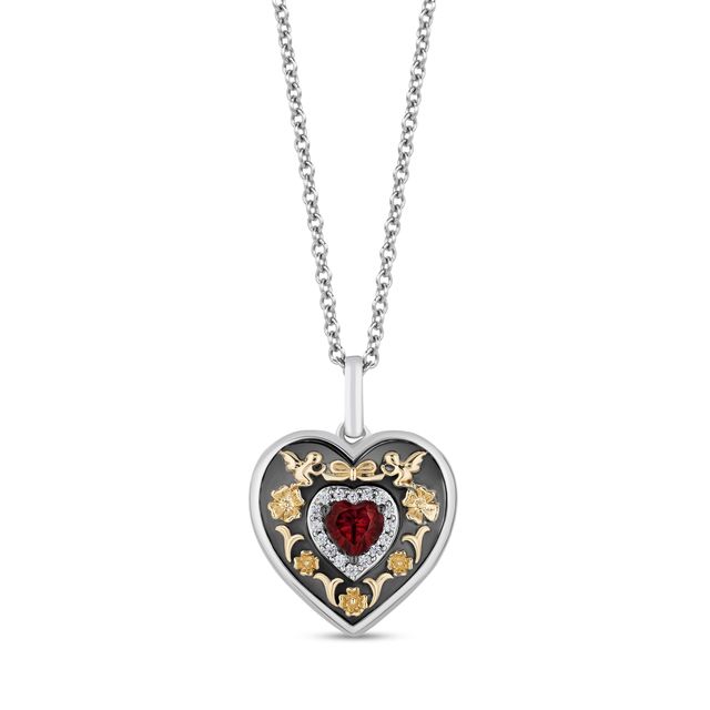 Enchanted Disney Snow White 4.0mm Heart-Shaped Garnet and 1/20 CT. T.w. Diamond Pendant in Sterling Silver with 10K Gold